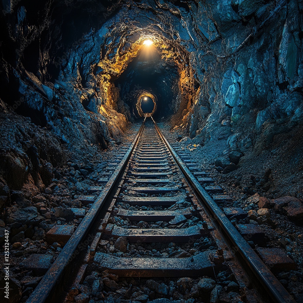 Naklejka premium Exploring abandoned mine tunnel mountain region photography underground perspective adventure and discovery