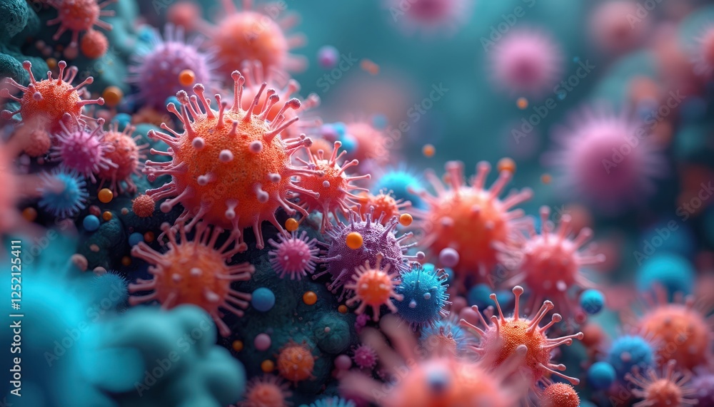 Vivid microscopic illustration of various bacteria. High-colored image displays diverse cells of different shapes, sizes on blurred colourful background. Insight into infectious viral genetic nature. Vivid microscopic illustration of various bacteria. High-colored image displays diverse cells of different shapes, sizes on blurred colourful background. Insight into infectious viral genetic nature.
