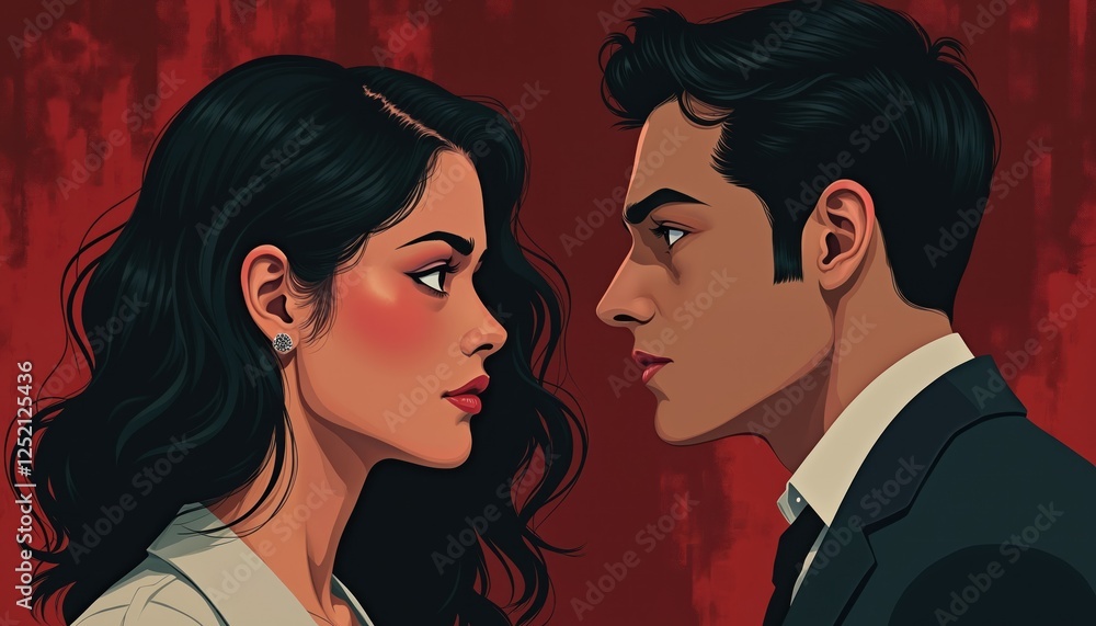Illustration featuring profile view of man, woman faces looking at. Love affair, family showdown. Human relationships, betrayal. Husband, wife, love, desire. Relationship problems, conflict. Illustration featuring profile view of man, woman faces looking at. Love affair, family showdown. Human relationships, betrayal. Husband, wife, love, desire. Relationship problems, conflict.