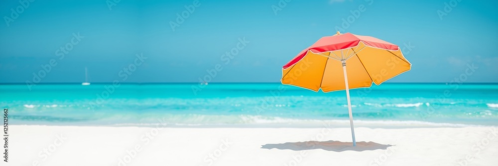 Beach umbrella with a vibrant, sunny mood representing relaxation against a tropical ocean background Beach umbrella with a vibrant, sunny mood representing relaxation against a tropical ocean background