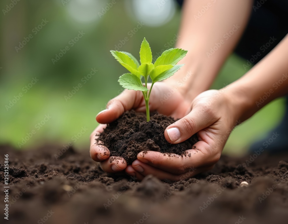 Hands hold young plant with soil. New life, growth concept. Care for planet, ecology, environmental protection. Corporate social responsibility initiative. Earth Day. Hands hold young plant with soil. New life, growth concept. Care for planet, ecology, environmental protection. Corporate social responsibility initiative. Earth Day.
