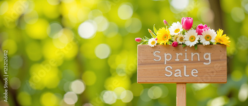 Spring Sale Sign with Colorful Flowers Evoking a Cheerful Atmosphere for Seasonal Promotions Surrounded by a Softly Blurred Green Background photo