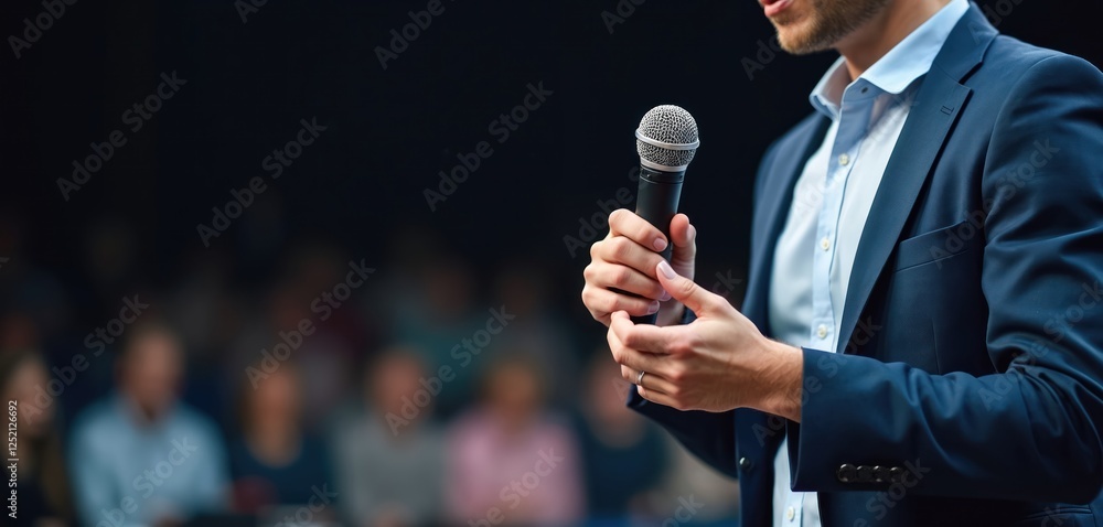Presenter with mic on stage speaks to audience in hall. Motivational speaker gives speech at conference. Businessman presents report at summit. Public performance in auditorium.