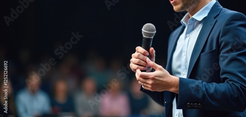 Obraz na płótnie Presenter with mic on stage speaks to audience in hall. Motivational speaker gives speech at conference. Businessman presents report at summit. Public performance in auditorium. w salonie