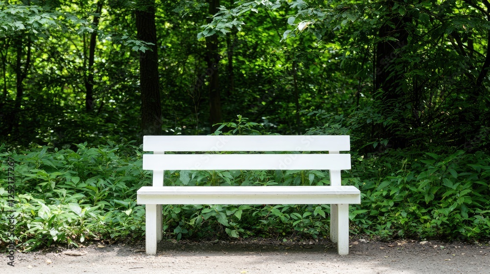 White bench in tranquil forest; serene nature scene White bench in tranquil forest; serene nature scene