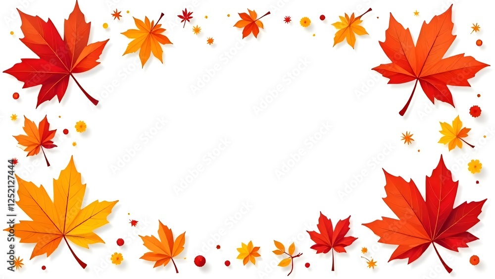 Fototapeta premium autumn-themed background with vibrant red, orange, and yellow maple leaves scattered around the edges. Small decorative elements/ The center is left blank, making it suitable for text 