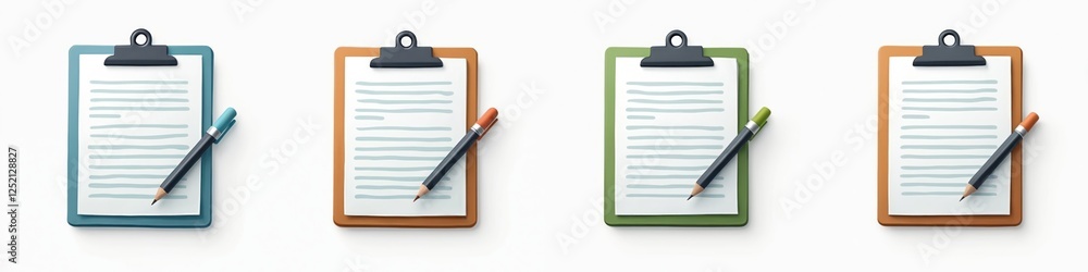 Clipboard with blank sheet and pencil set. Collection of medical prescription pad icons, list design templates. Visual clip art for doctor, education, document. Clipboard with blank sheet and pencil set. Collection of medical prescription pad icons, list design templates. Visual clip art for doctor, education, document.