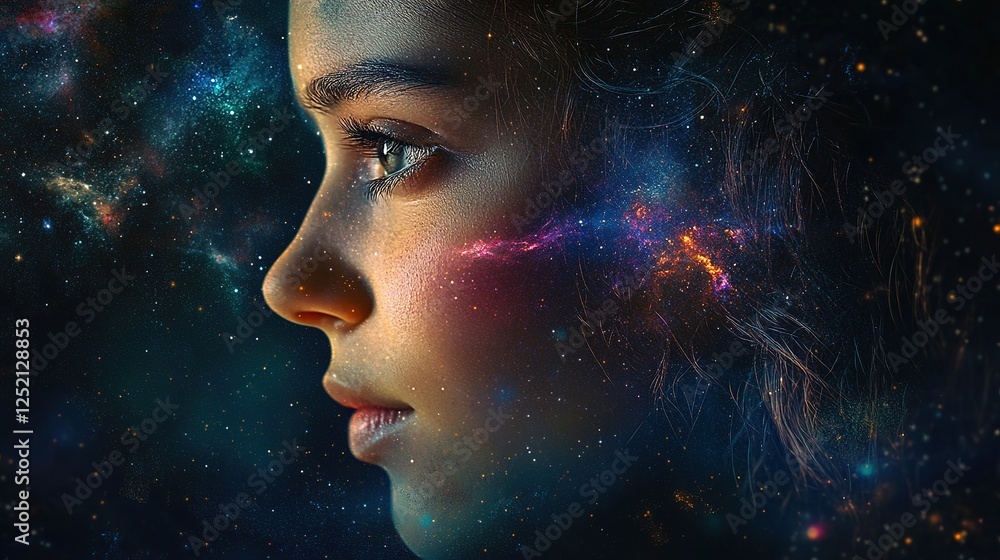 Exploring cosmic dreams portrait of a young girl digital artwork inner universe dark space side view imagination Exploring cosmic dreams portrait of a young girl digital artwork inner universe dark space side view imagination