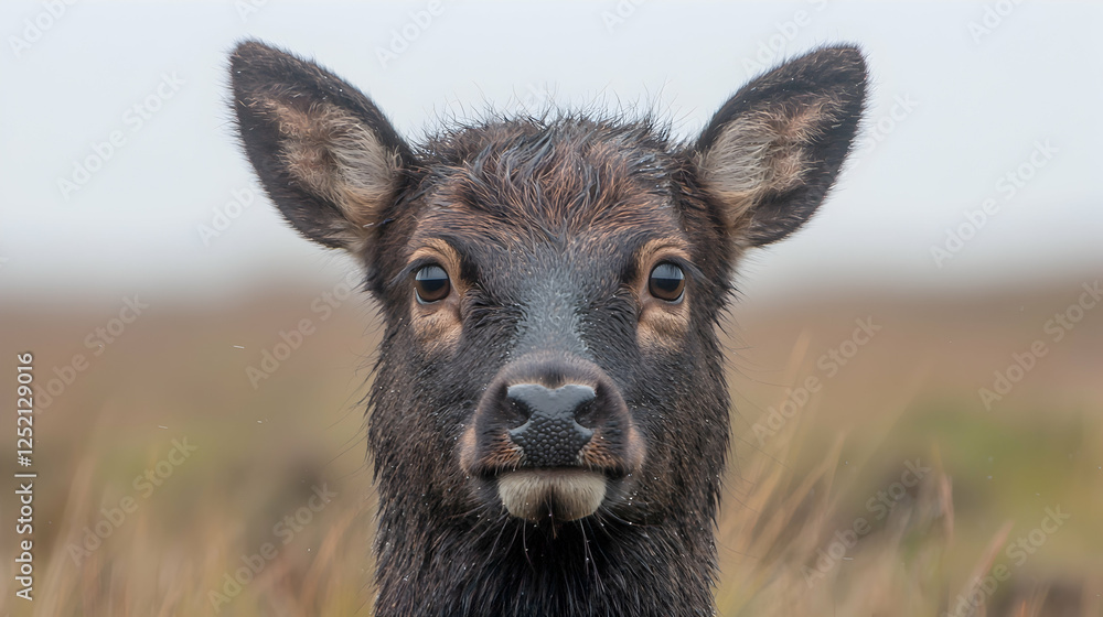 Young deer portrait, misty field background, wildlife, nature photography Young deer portrait, misty field background, wildlife, nature photography