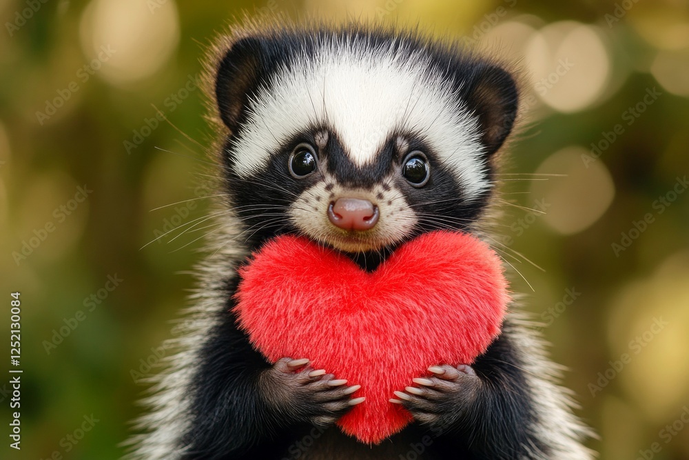 Fototapeta premium Cute skunk baby with fluffy red heart on in a natural habitat. Skunk - my desired animal. Ad campaign animal conceptual art. Heartfelt nature moment. Love and harmony in wildlife. Wild love.