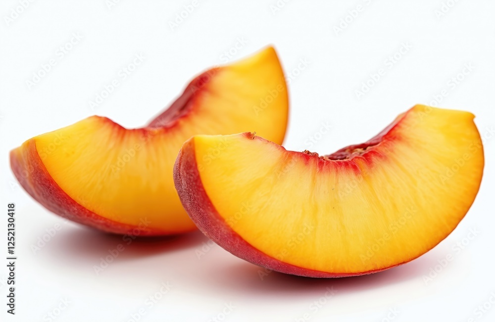 Two peach slices on white background. Juicy ripe summer fruit, yellow flesh. Healthy food snack, refreshment. Sweet dessert ingredient, vibrant colours, natural vitamin source, organic product. Two peach slices on white background. Juicy ripe summer fruit, yellow flesh. Healthy food snack, refreshment. Sweet dessert ingredient, vibrant colours, natural vitamin source, organic product.
