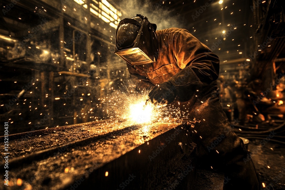 Welder sparks fly factory metalwork Welder sparks fly factory metalwork