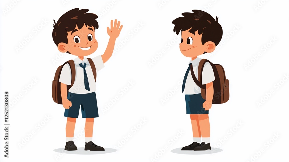 Two cartoon schoolboys wearing uniforms and backpacks standing on white background Two cartoon schoolboys wearing uniforms and backpacks standing on white background