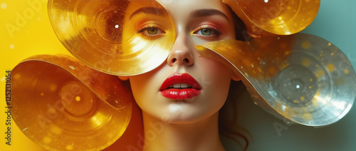 A Vibrant Woman’s Portrait Blended with Golden Vinyl Records. photo