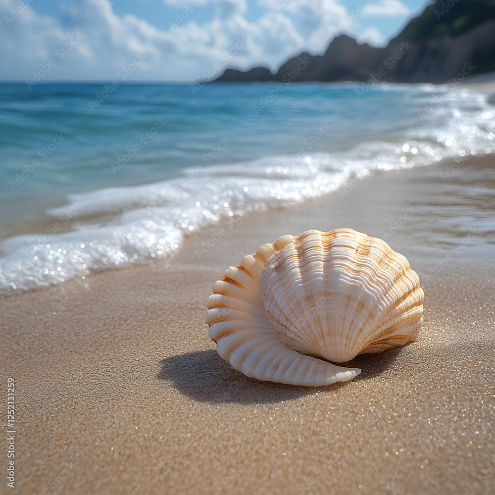 Seashell on Sandy Beach Ocean Wave Summer Vacation Seashell on Sandy Beach Ocean Wave Summer Vacation