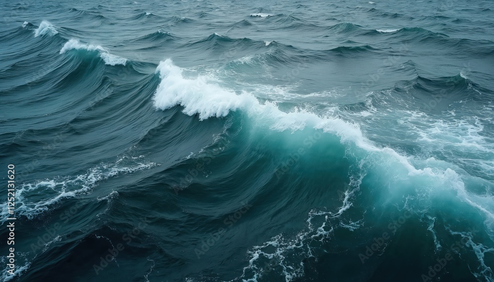 Fototapeta premium Turbulent waters of Norwegian Sea with intense waves. Stormy, dangerous, powerful Nordic maritime scenery of nature landscape from aerial view. Remote huge scenic oceanic panorama.