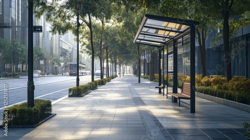 A neat and clean bus stop with a shaded seating area, placed on an empty sidewalk along a quiet city street, free of logos or advertisements