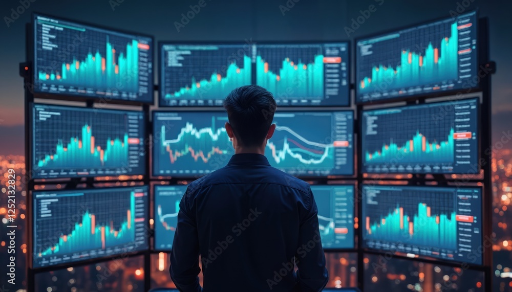 The AI illustration shows trader studies stock market charts on multi monitor workstations, employing mobile app analytics for investment growth. Night city lights view from window. The AI illustration shows trader studies stock market charts on multi monitor workstations, employing mobile app analytics for investment growth. Night city lights view from window.