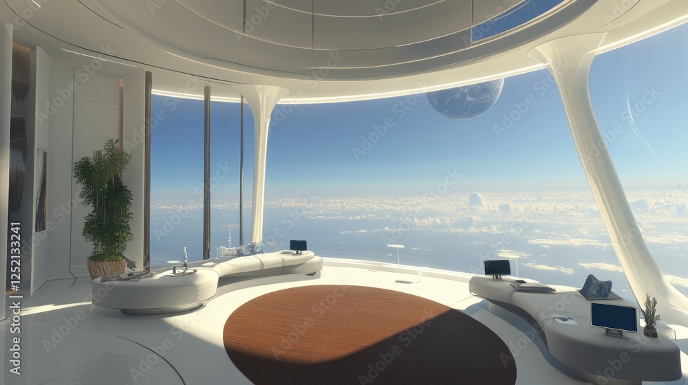 Fototapeta premium Futuristic Lounge Overlooking A Cloud Covered Planet