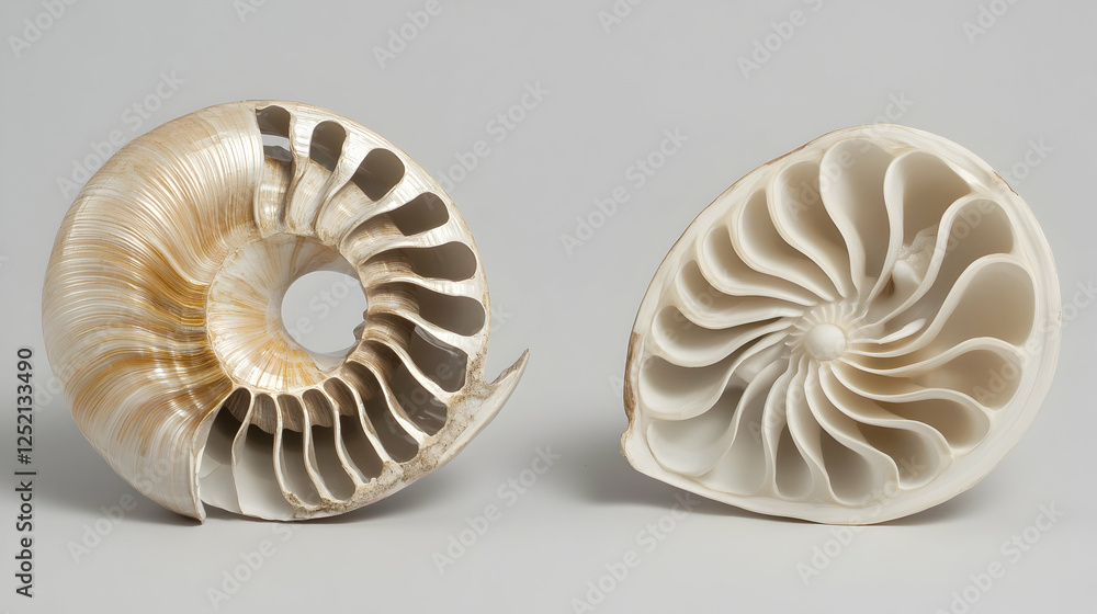 Nautilus shell cross-section, spiral chambers, nature study, gray background, educational Nautilus shell cross-section, spiral chambers, nature study, gray background, educational