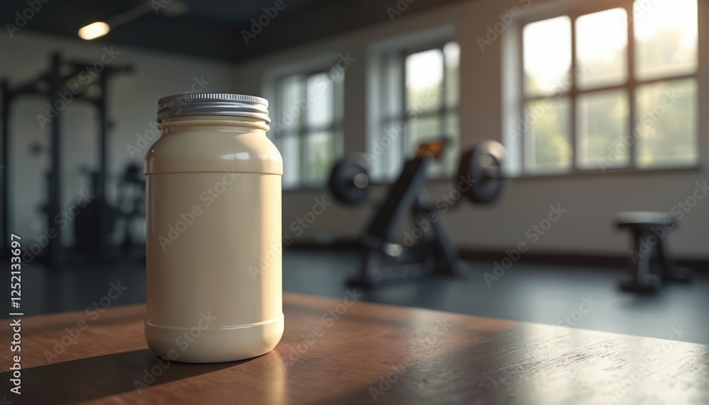 Protein supplement bottle on wooden table in modern gym environment. Fitness centre interior. Nutrition, bodybuilding sport concept. Healthy lifestyle, muscle strength, energy for exercise training. Protein supplement bottle on wooden table in modern gym environment. Fitness centre interior. Nutrition, bodybuilding sport concept. Healthy lifestyle, muscle strength, energy for exercise training.