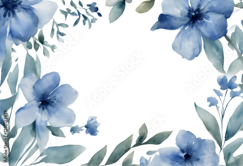 Obraz na płótnie elements branch blossom blue flowers anemone flower tree background greeting border hand white card wedding invitation leaves illustrations drawn watercolor isolated bouquet decoration floral art w salonie
