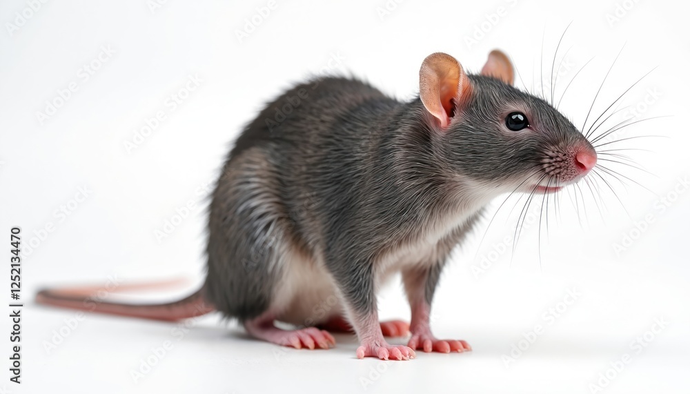 Gray rat isolated on white background. Rodent with pink nose and long whiskers, small forepaws. Furry mammal pet animal from side view. AI generated illustration. Gray rat isolated on white background. Rodent with pink nose and long whiskers, small forepaws. Furry mammal pet animal from side view. AI generated illustration.
