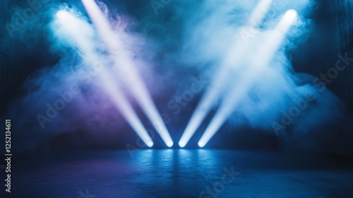 Symmetrical Dual Spotlights on a Smoky Stage with Blue and Purple Hues. Copy space. Generative AI