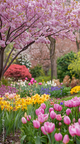 桜と色とりどりの花が咲く日本庭園の春の風景。スマートフォン9:16のアスペクト比	