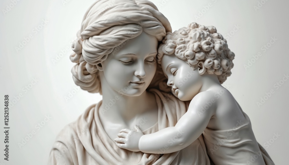 Marble sculpture of mother hugs child tenderly. Statue art motherhood, maternity, childhood. Ancient religious woman figurine, virgin Mary with baby Jesus. Kindness, love concept illustration for Marble sculpture of mother hugs child tenderly. Statue art motherhood, maternity, childhood. Ancient religious woman figurine, virgin Mary with baby Jesus. Kindness, love concept illustration for