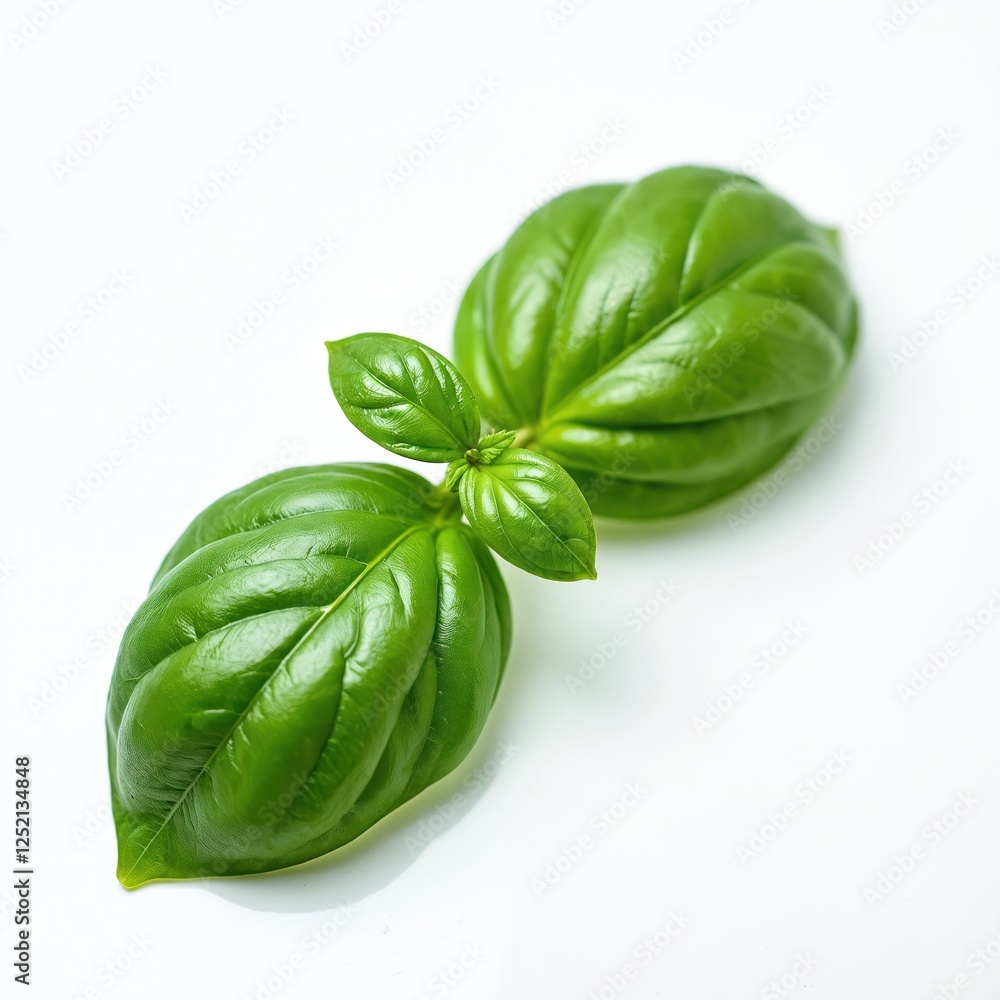 Fototapeta premium Top view close-up of fresh green basil leaves on white background. Aromatic flavor enhancer, healthy herb, natural spice for culinary use. Ingredient for Italian cuisine, salads and cooking.