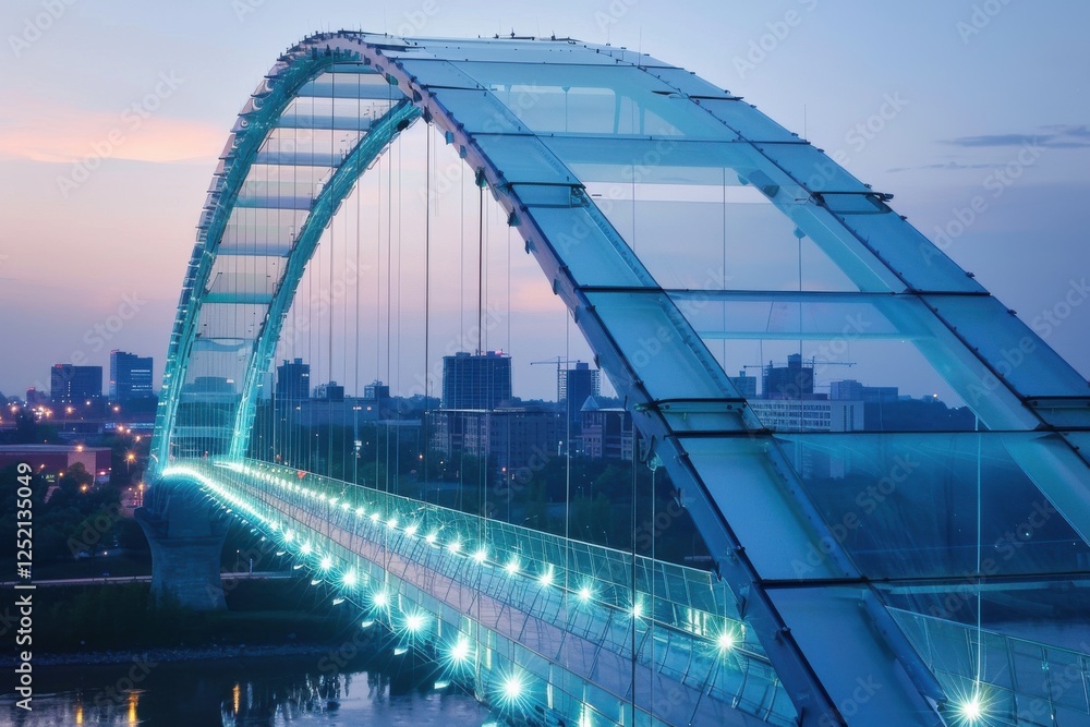Obraz premium Modern glass arch bridge glowing with ambient lights spans an urban skyline at dusk light blue glow along pathway & structure.