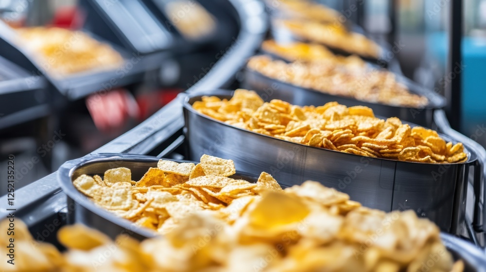 Fototapeta premium A high-speed food processing conveyor moving packaged snacks efficiently.