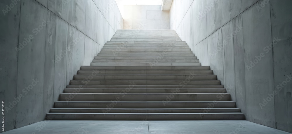 Fototapeta premium Concrete stairway to success. Cement steps lead upwards, ambition. Minimalist architecture, modern design in grey, white. Geometric pattern, rough texture. Empty interior perspective evokes progress,