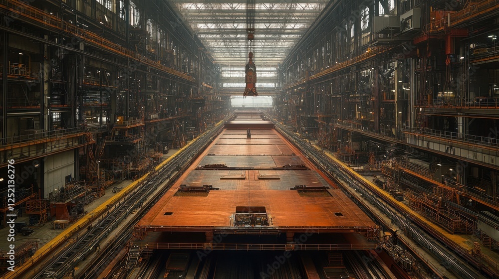 A large shipbuilding factory with automated cranes lifting massive steel plates. A large shipbuilding factory with automated cranes lifting massive steel plates.