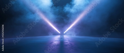 Symmetrical Dual Spotlights on a Smoky Stage with Blue and Purple Hues. Copy space. Generative AI