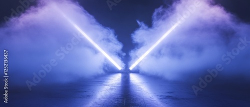 Symmetrical Dual Spotlights on a Smoky Stage with Blue and Purple Hues. Copy space. Generative AI