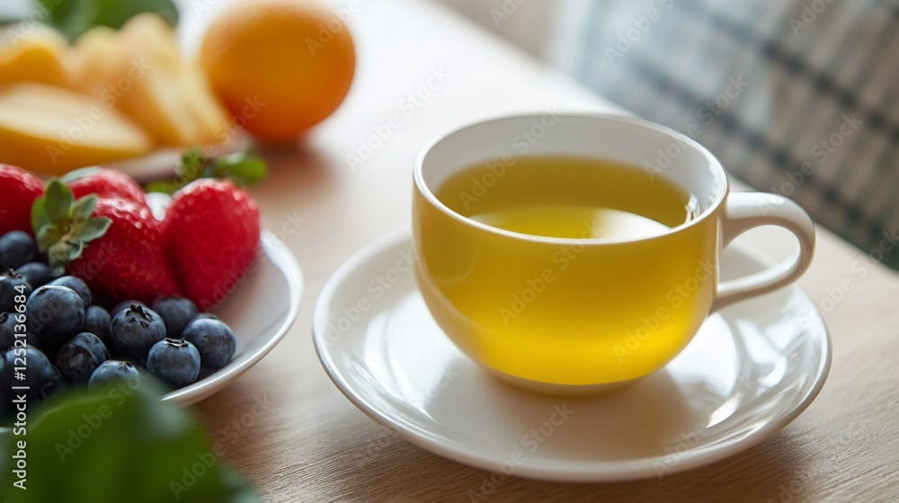 Refreshing Morning: Tea Cup with Berries and Orange for Healthy Start