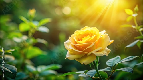 Fototapeta Naklejka Na Ścianę i Meble -  A single yellow rose blooms in a lush green garden with soft focus background and sunlight casting warm glow on petals, conveying serene beauty of nature , garden, roses