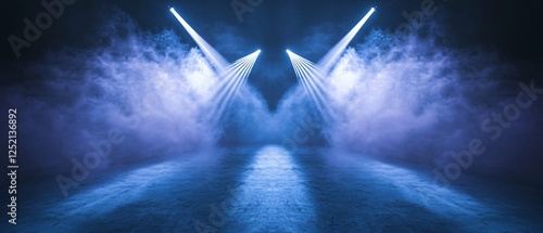 Symmetrical Dual Spotlights on a Smoky Stage with Blue and Purple Hues. Copy space. Generative AI