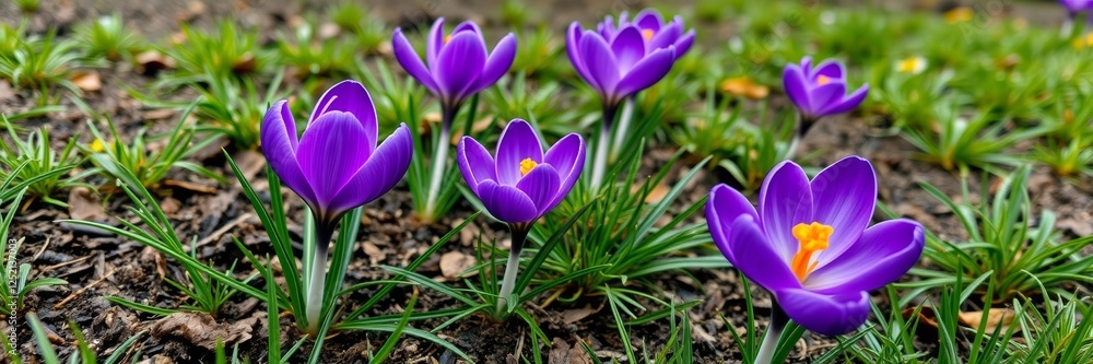 Purple crocus flowers with a vibrant mood blooming in a garden background Purple crocus flowers with a vibrant mood blooming in a garden background
