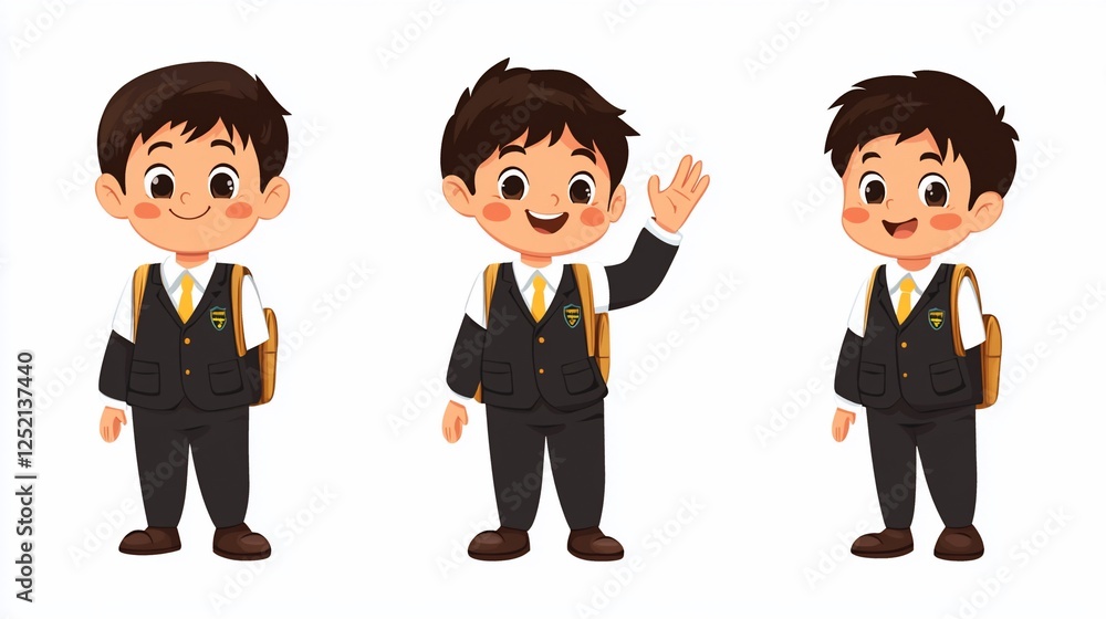 Three identical cartoon boys in school uniforms and backpacks on white background Three identical cartoon boys in school uniforms and backpacks on white background