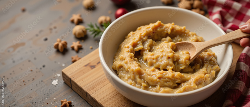 Creamy homemade cookie dough in a rustic bowl with a wooden spoon, evoking warmth and comfort, surrounded by festive decorations and scattered spices on a wooden countertop Creamy homemade cookie dough in a rustic bowl with a wooden spoon, evoking warmth and comfort, surrounded by festive decorations and scattered spices on a wooden countertop