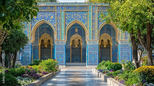 Blue tiled palace garden path, Iran, sunny day