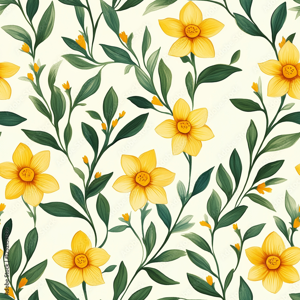 Seamless daffodil floral pattern with elegant yellow flowers and lush green leaves on a soft pastel background Seamless daffodil floral pattern with elegant yellow flowers and lush green leaves on a soft pastel background