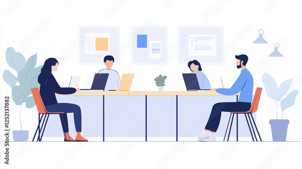 Four people work at a long table using laptops in a modern office space with plants and wall art Four people work at a long table using laptops in a modern office space with plants and wall art