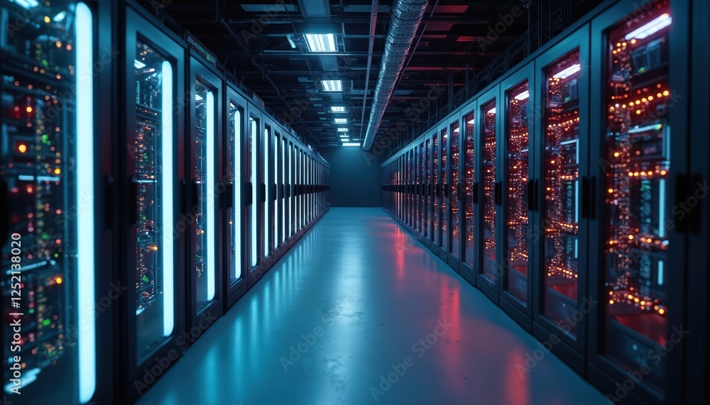Fototapeta premium Modern LED console rack in server room data center. Connectivity, networking, hardware for business, tech, cyberspace efficiency. Infrastructure, innovation, management, speed, storage, security,