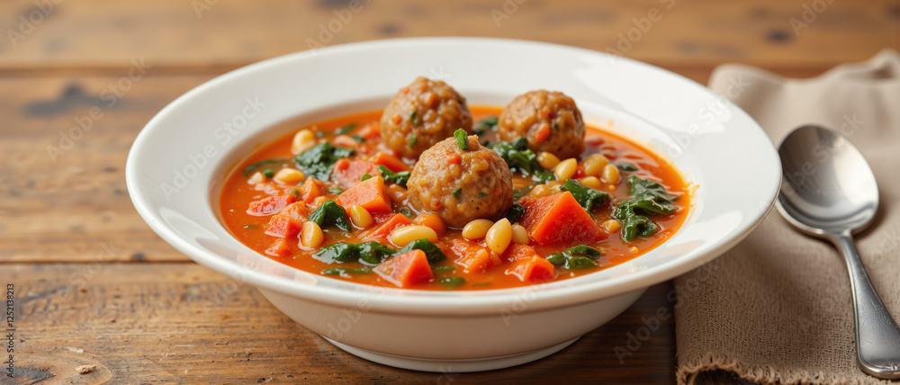 Hearty Vegetable Soup with Meatballs in a Creamy Tomato Broth, Evoking Warmth and Comfort, Set on a Rustic Wooden Table with Neutral Tones Hearty Vegetable Soup with Meatballs in a Creamy Tomato Broth, Evoking Warmth and Comfort, Set on a Rustic Wooden Table with Neutral Tones