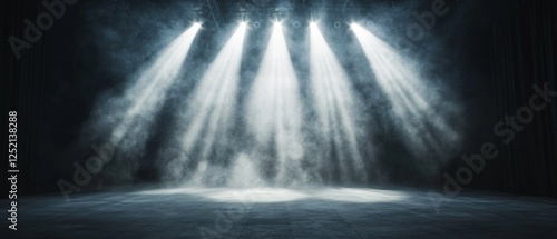  Grand Stage with Multiple Spotlights and Floating Dust Particles. Copy space. Generative AI