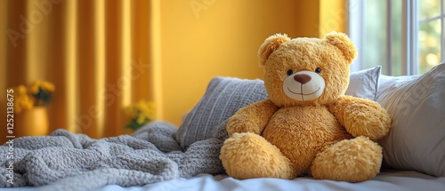 Large teddy bear in a bright yellow bedroom, cozy and playful atmosphere photo